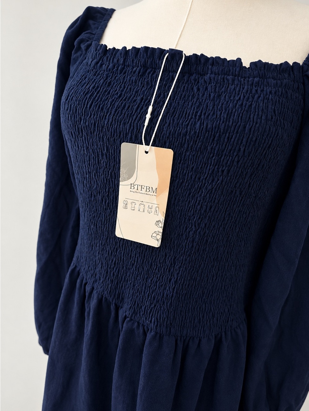 Navy Smocked Square-Neck Long Sleeve Tunic